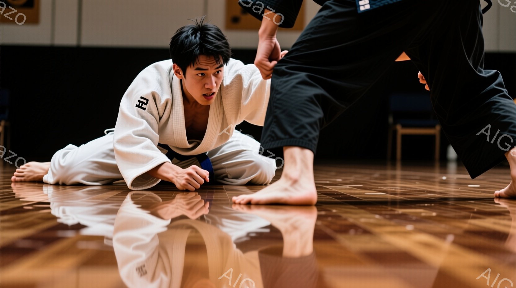 茶道着を着た男性が床に膝をついており、少し驚いた表情をしています。彼の足元には、黒いズボンを履いた人物の足が迫っており、何らかの武道、おそらく柔道や合気道の練習の瞬間をとらえているようです。背景は木製の床で、壁の一部が見え、室内で練習していることがわかります。
