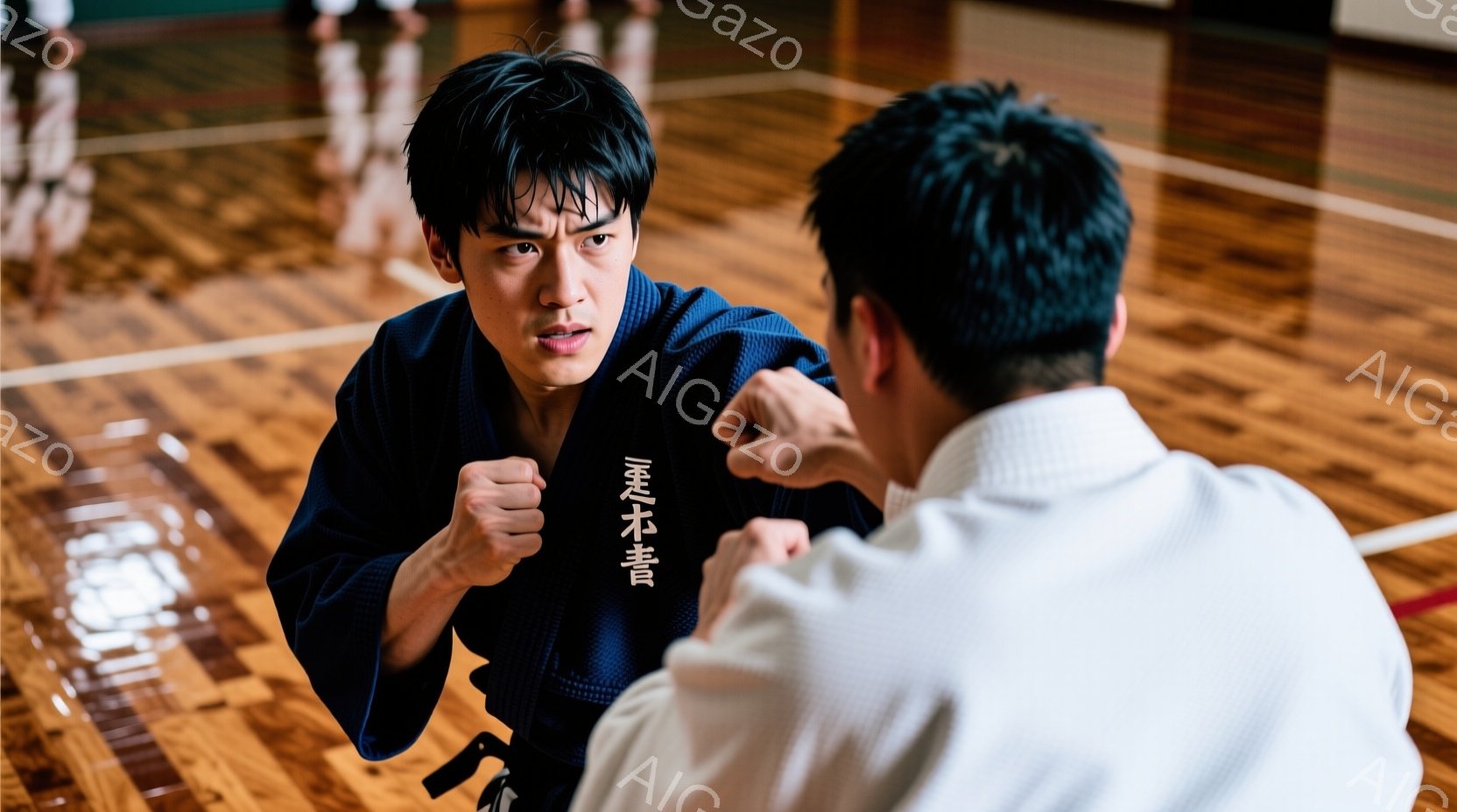 濃い青色の柔道着を着た男性が、右拳を突き出した構えで、白い柔道着の相手と対峙している。彼は険しい表情で集中しており、髪は短く、前髪が少し垂れている。背景には、他の柔道着姿の人物がぼんやりと見え、体育館 - AI生成フリー素材