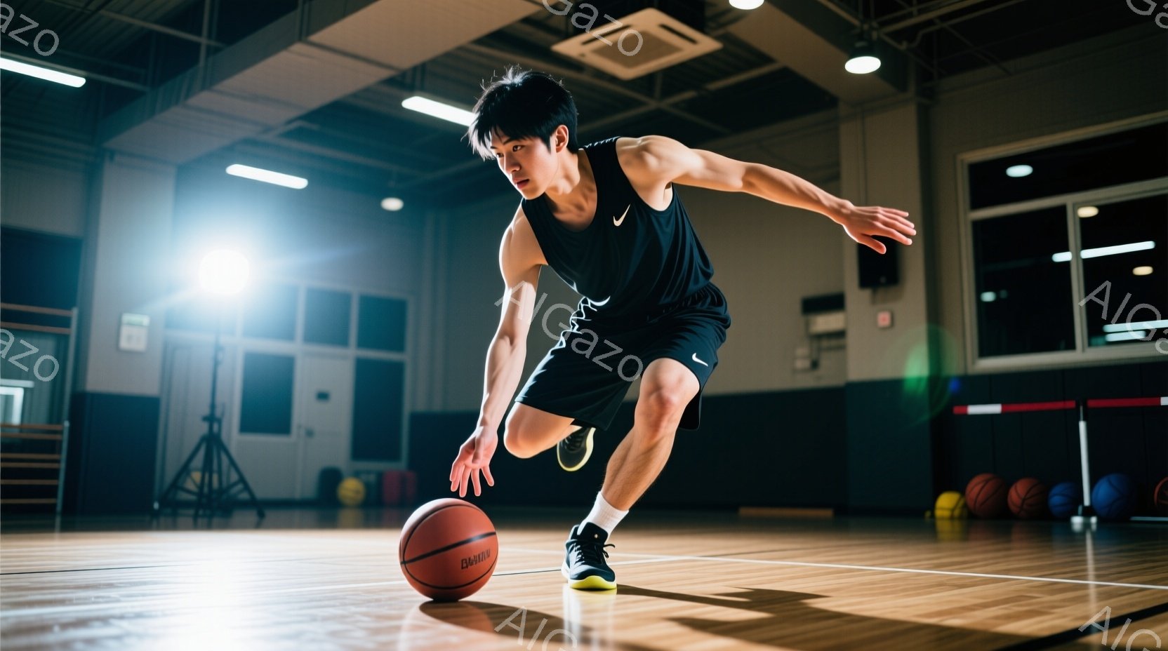 黒いタンクトップとショーツを着用した男性バスケットボール選手が、ドリブルをしている途中の躍動的な瞬間を捉えた写真です。彼は集中した表情でボールを見つめ、片足を前に踏み出し、体全体でボールコントロールを - AI生成フリー素材