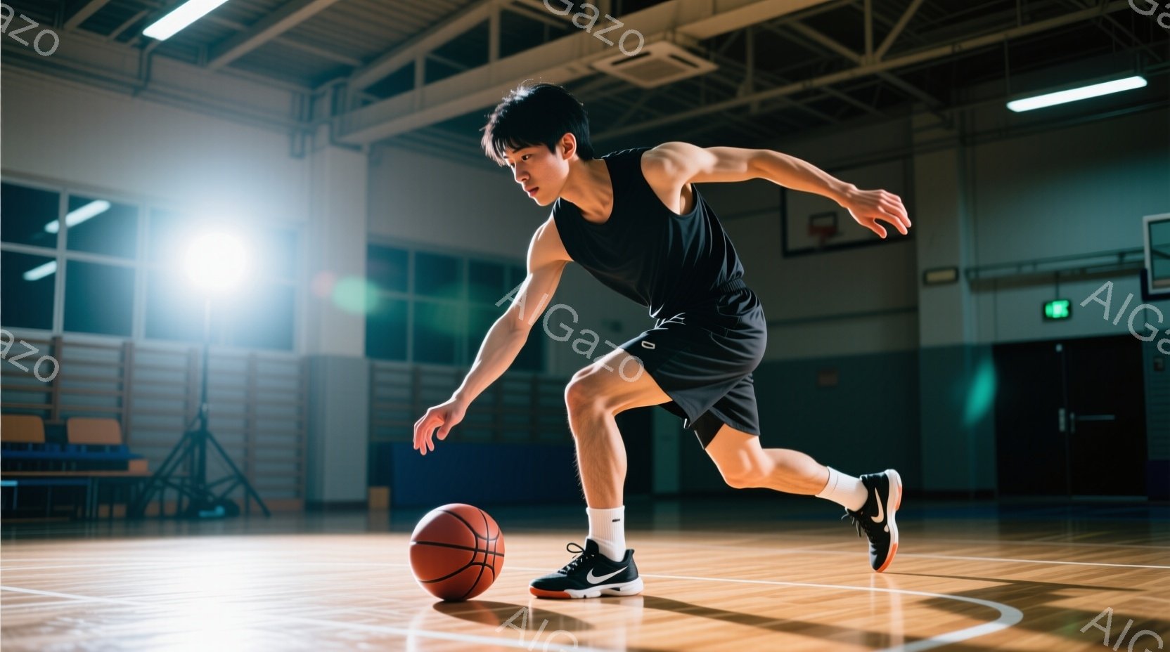 バスケットボールコートでドリブルしている男性が写っています。黒のタンクトップと黒のショートパンツを着用し、白と黒のスニーカーを履いています。彼の姿勢は力強く、ボールをコントロールしながら前進しており、 - AI生成フリー素材