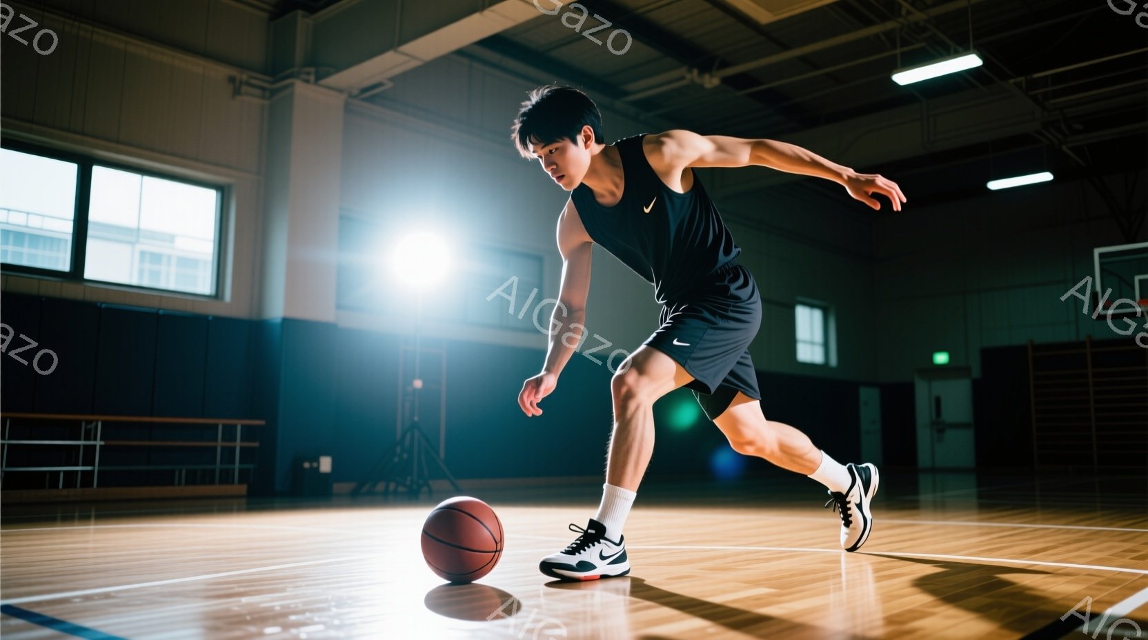 バスケットボールコートでドリブルしている若い男性が写っています。彼は黒のタンクトップとショーツ、白いソックスとスニーカーを着用しており、短髪で引き締まった表情をしています。コートは木製で、背景にはゴー - AI生成フリー素材