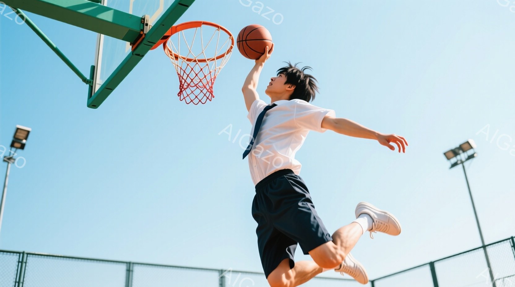 若い男性がバスケットボールコートでジャンプシュートをしています。彼は白いシャツに紺色のショーツ、そして白いスニーカーを履いており、黒髪を少し長めにしています。背景には青空とフェンス、そして遠くに照明塔 - AI生成フリー素材