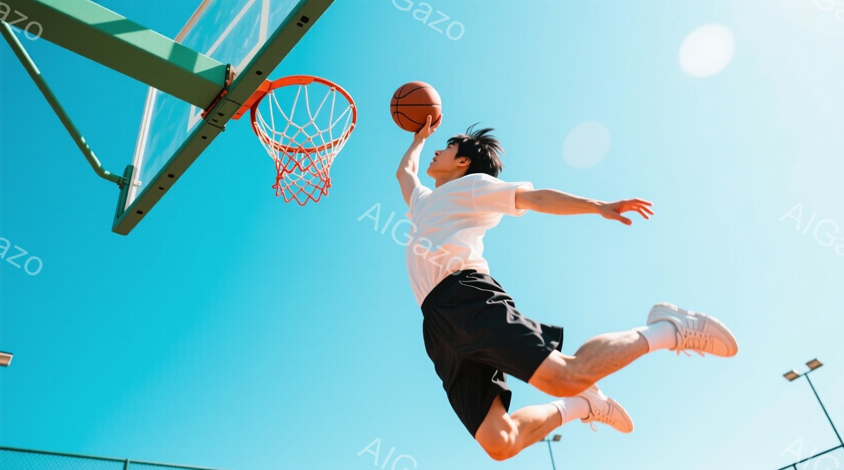 空中でダンクシュートを試みる男性が写っています。彼は白いTシャツ、黒い短パン、白いスニーカーを着用し、黒髪を短く整えています。背景には明るい青空とバスケットボールのネット、そして遠くに街灯が見え、晴れ - AI生成フリー素材