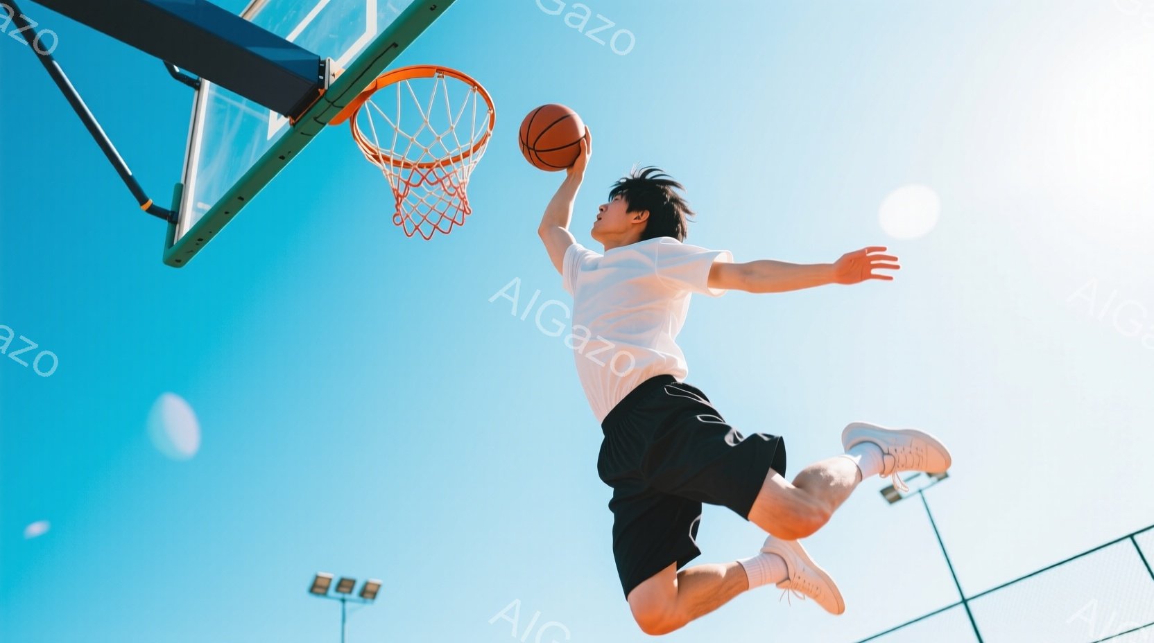 空を背景に、バスケットボール選手がジャンプシュートを試みる躍動的な瞬間が捉えられています。白のTシャツと黒のショートパンツを身につけ、短髪の選手はボールをゴールへ向けて強く投げ出しています。晴れた青空とコートの明るい光が、エネルギッシュで活気のある雰囲気を醸し出しています。