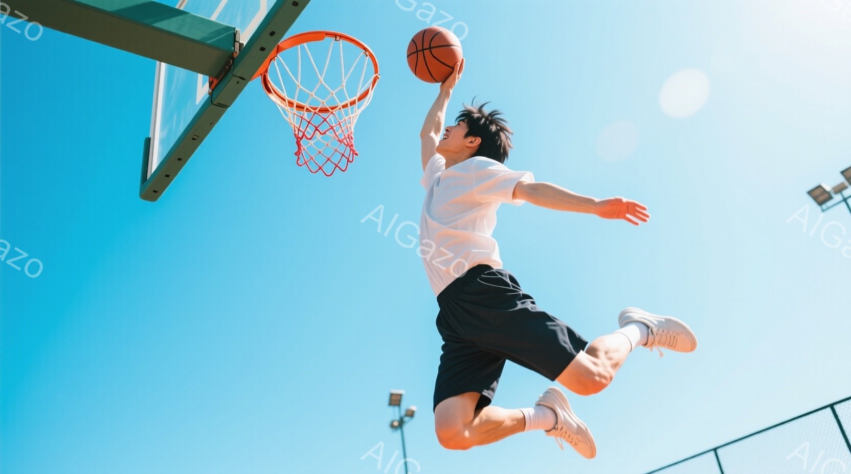 空中でバスケットボールのシュートを決める男性の姿が捉えられています。彼は白いTシャツと黒いショーツ、白いスニーカーを着用し、短く整えられた黒髪です。晴れた青空を背景に、屋外バスケットボールコートで躍動 - AI生成フリー素材