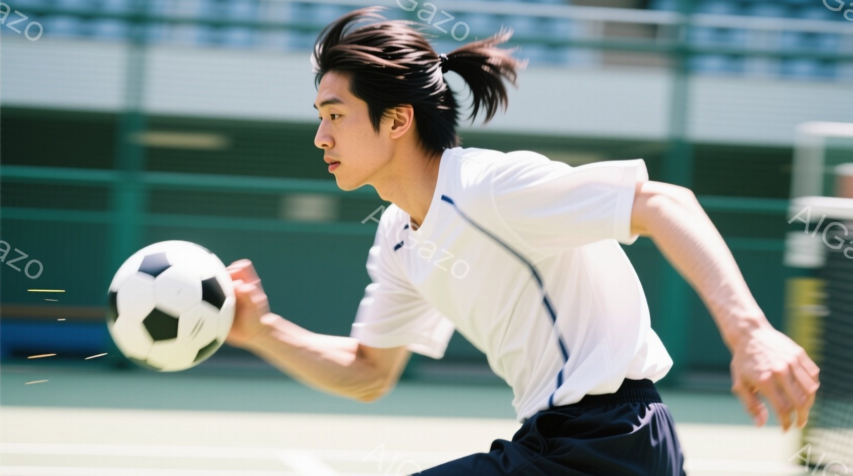 若い男性がサッカーボールを蹴っている瞬間を捉えた写真です。彼は白い半袖シャツと黒いショーツを着用し、髪は後ろで一つに結んでいます。背景は緑のコートで、観客席らしきものがわずかに見え、運動している活気のある雰囲気が伝わってきます。