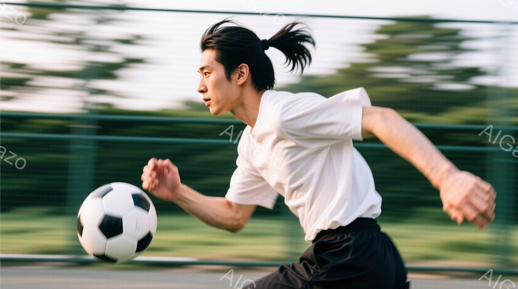 若い男性がサッカーボールをドリブルしている様子が捉えられています。彼は白い半袖シャツと黒いショートパンツを着用し、後ろで髪を結んでいます。背景は緑色の芝生とぼやけたフェンスで、全体的に運動する活気ある - AI生成フリー素材