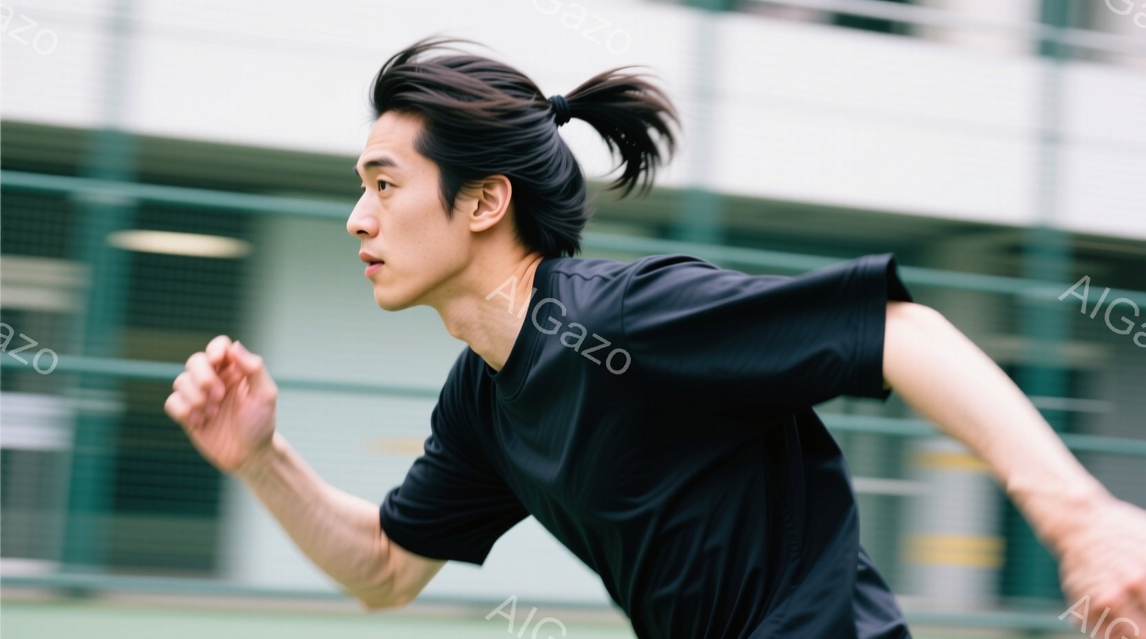 黒いTシャツを着た男性が、運動場を走っている姿が捉えられている。髪は後ろで一つにまとめられ、真剣な表情で前を見据えている。背景には緑色のフェンスと建物の影が見え、活気のある屋外の雰囲気が伝わってくる。 - AI生成フリー素材