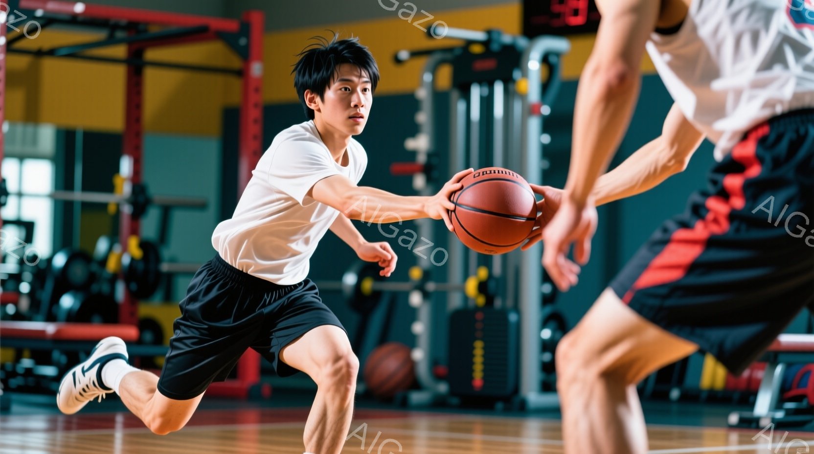 バスケットボールコートでドリブルしている若い男性が写っています。彼は白いTシャツと黒いショーツ、スニーカーを着用し、短髪で真剣な表情をしています。背景にはトレーニング器具が並び、体育館の床が光沢に輝いています。
