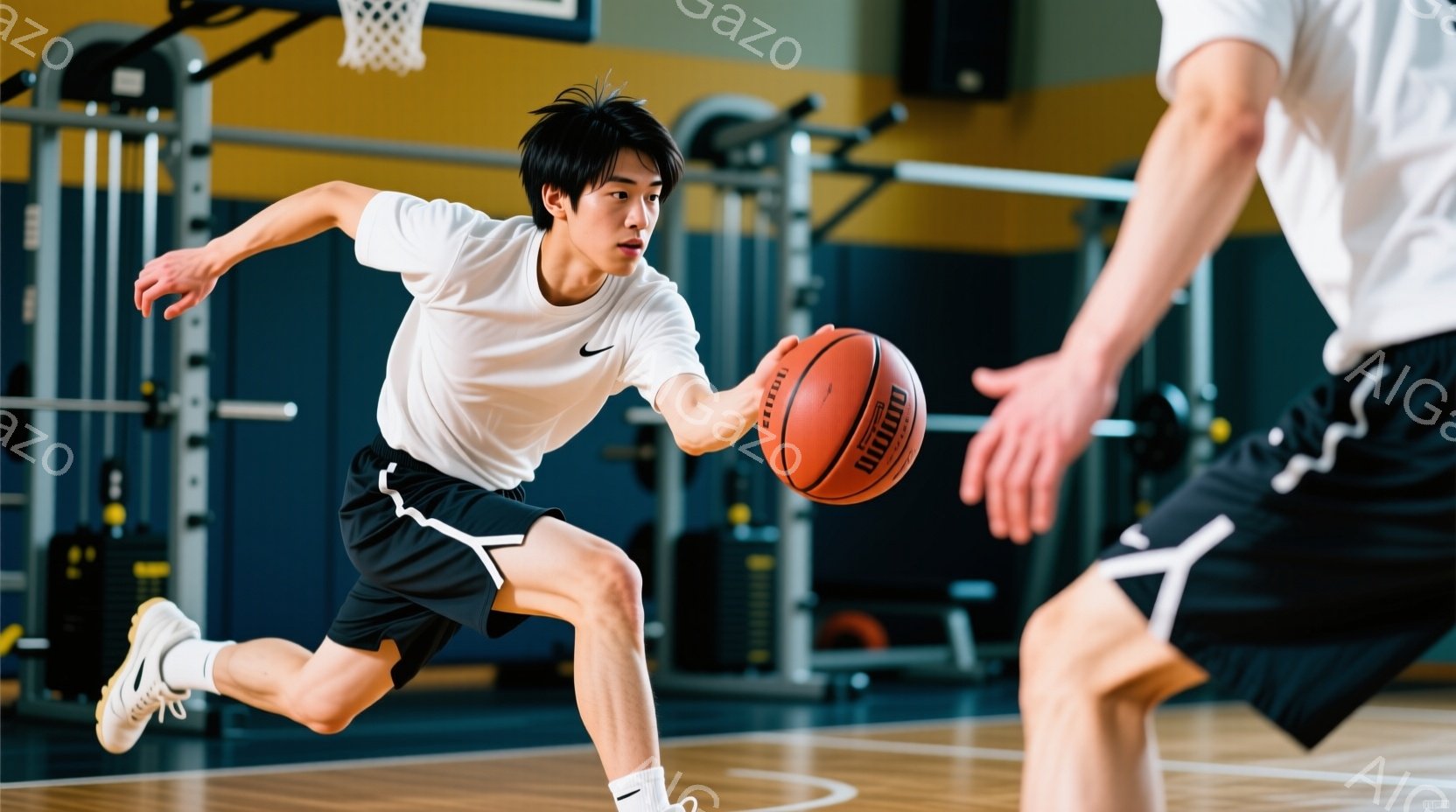 若い男性がバスケットボールを持ってドリブルしている様子が写っています。彼は白いTシャツと黒いショーツを着用し、髪は短く整えられています。背景にはバスケットボールのゴールと、ジムのような室内施設が見え、 - AI生成フリー素材