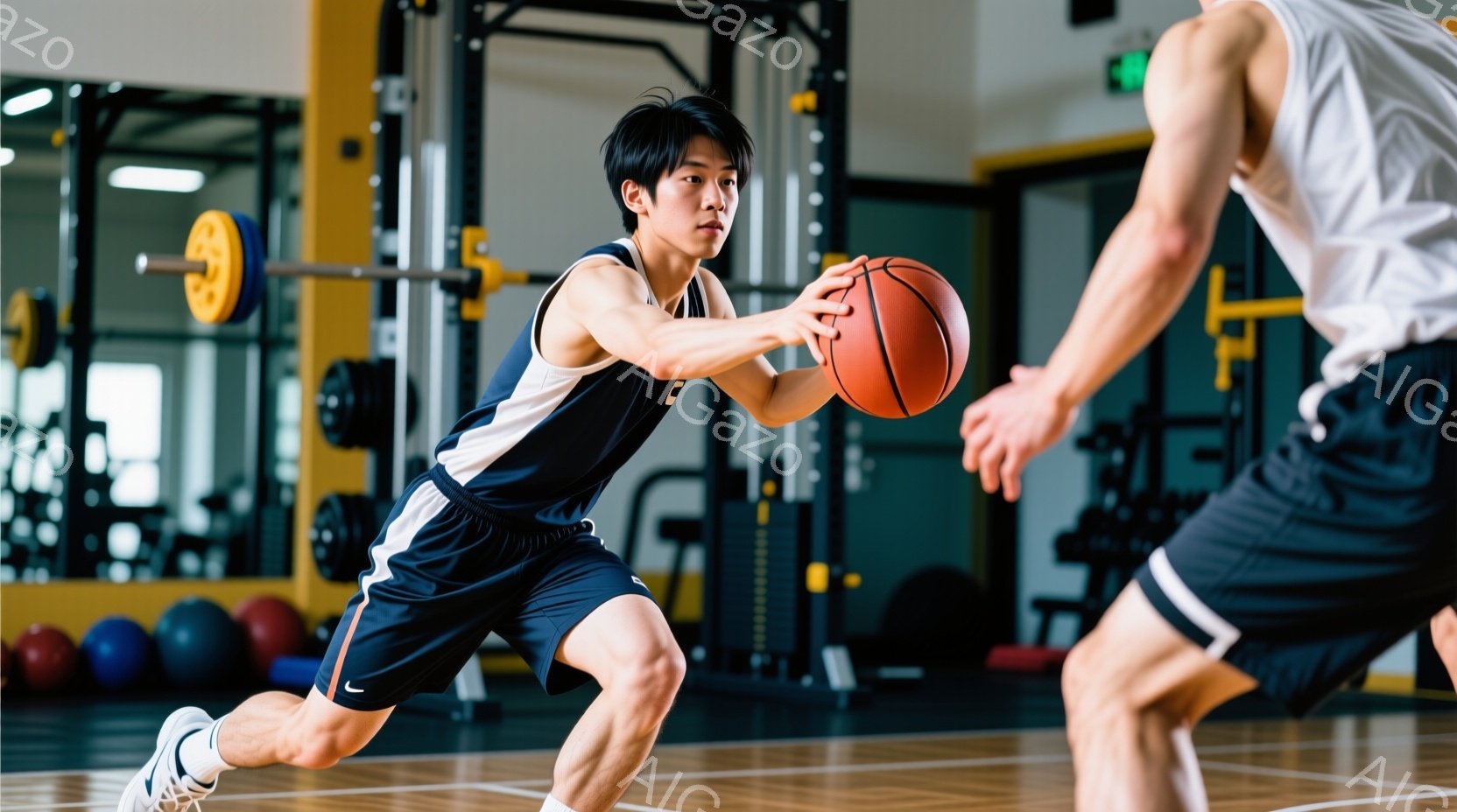 膝を曲げ、ドリブルをしている若い男性が写っている。紺と白のバスケットボールシャツとショーツを着用し、白のスニーカーを履いている。背景にはジムの機器が見え、集中した雰囲気の中でスポーツに取り組んでいる様 - AI生成フリー素材