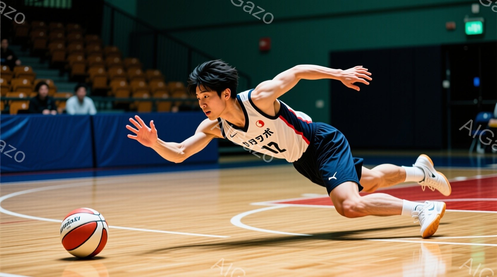 競技場のような体育館で、黒髪の若い男性バスケットボール選手が、ドリブルしているボールに向かって体を低く構え、片手を伸ばしてボールに触れようとしている。彼は青と赤のユニフォームを着ており、背番号は12番 - AI生成フリー素材