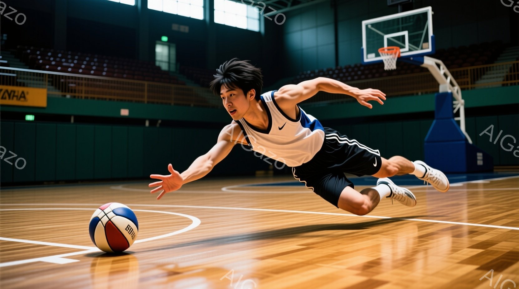 バスケットボールコートで、一人の男性が床に体を滑らせています。白いタンクトップと黒いショーツ姿で、髪は短く整えられています。背景には観客席とバスケットゴールが見え、活気あるスポーツの雰囲気が漂っていま - AI生成フリー素材