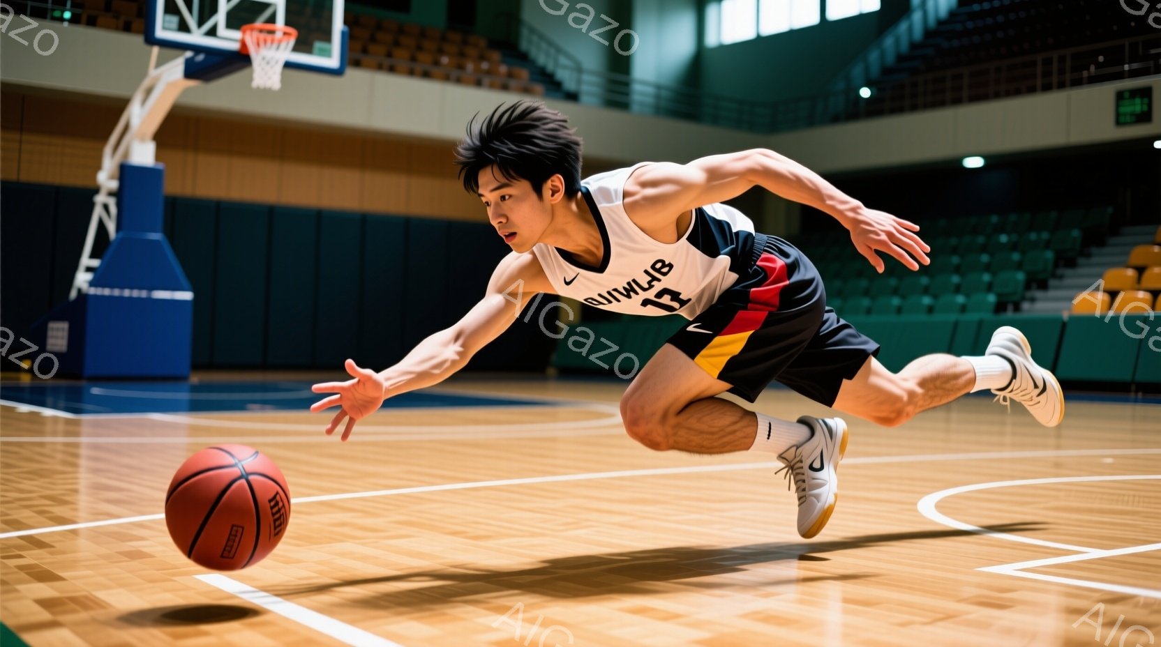 バスケのコートで、黒いユニフォームと黒いショートパンツを着た若い男性が、ボールを追いかけるように滑り込むように動いている。彼の髪は短く、動きに合わせて少し乱れているが、表情は集中しており、競技への熱意 - AI生成フリー素材