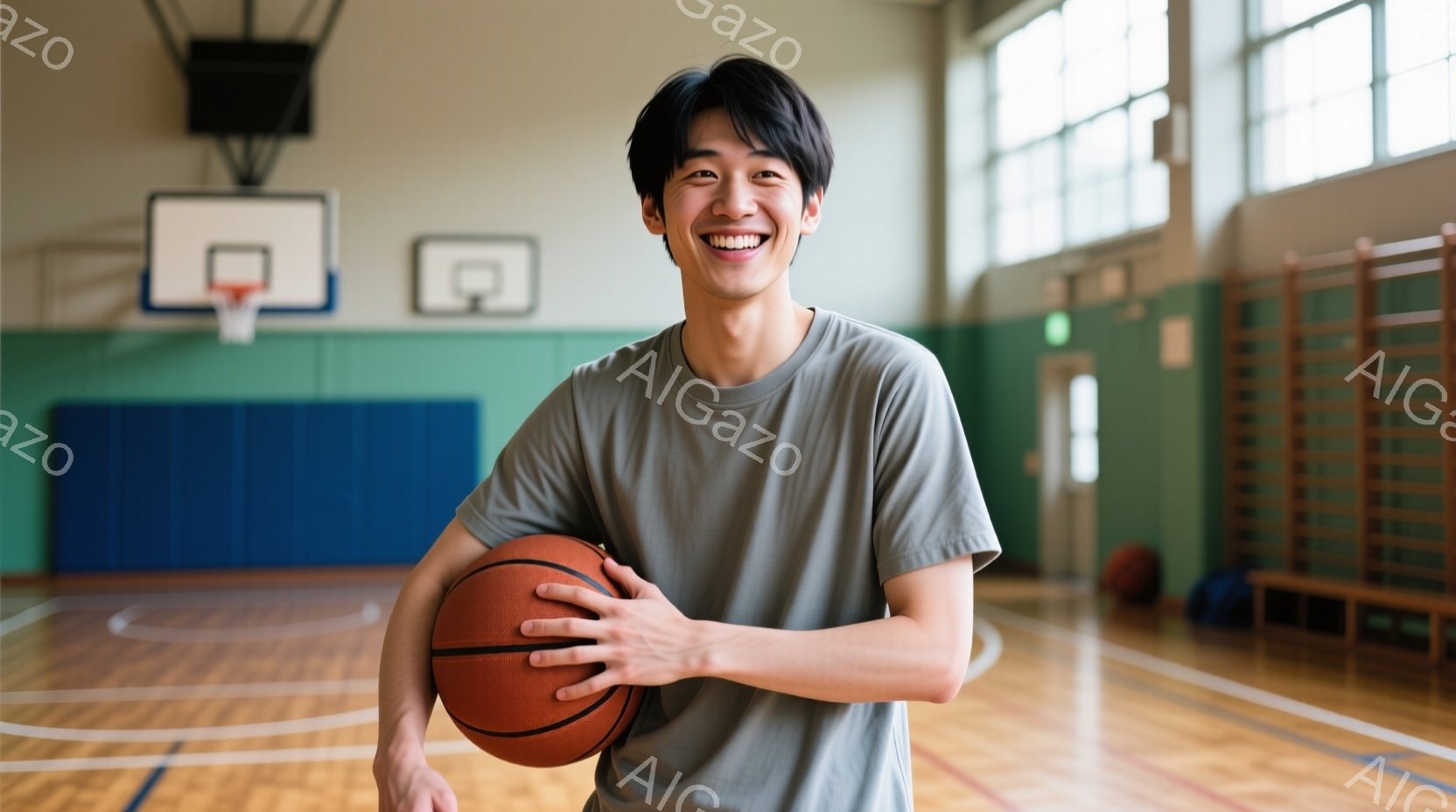 若い男性がバスケットボールを抱え、体育館で笑顔を見せています。彼はグレーのTシャツを着ており、黒髪で少し長めの前髪が特徴です。背景にはバスケットゴールと青い壁、そして体育館の床が見え、明るく開放的な雰 - AI生成フリー素材