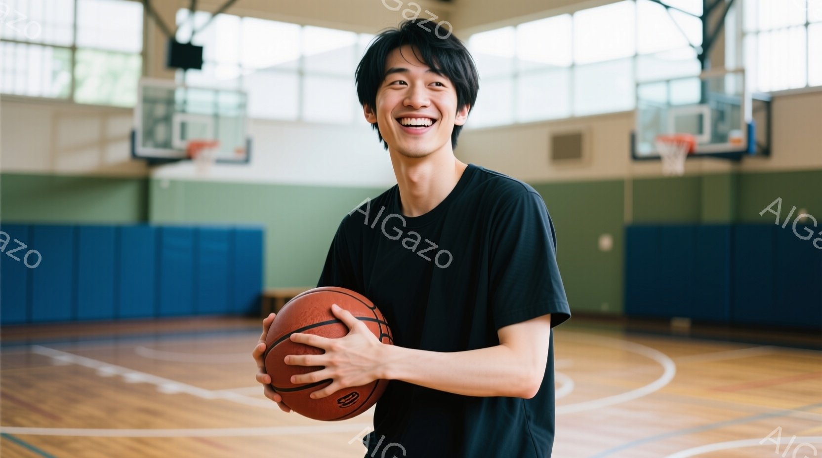 若い男性がバスケットボールを持って笑顔で立っている。彼は黒いTシャツを着ており、短髪で、歯を見せて明るく微笑んでいる。背景は体育館で、バスケットゴールや青と緑の壁が見え、暖かく活気のある雰囲気が漂って - AI生成フリー素材