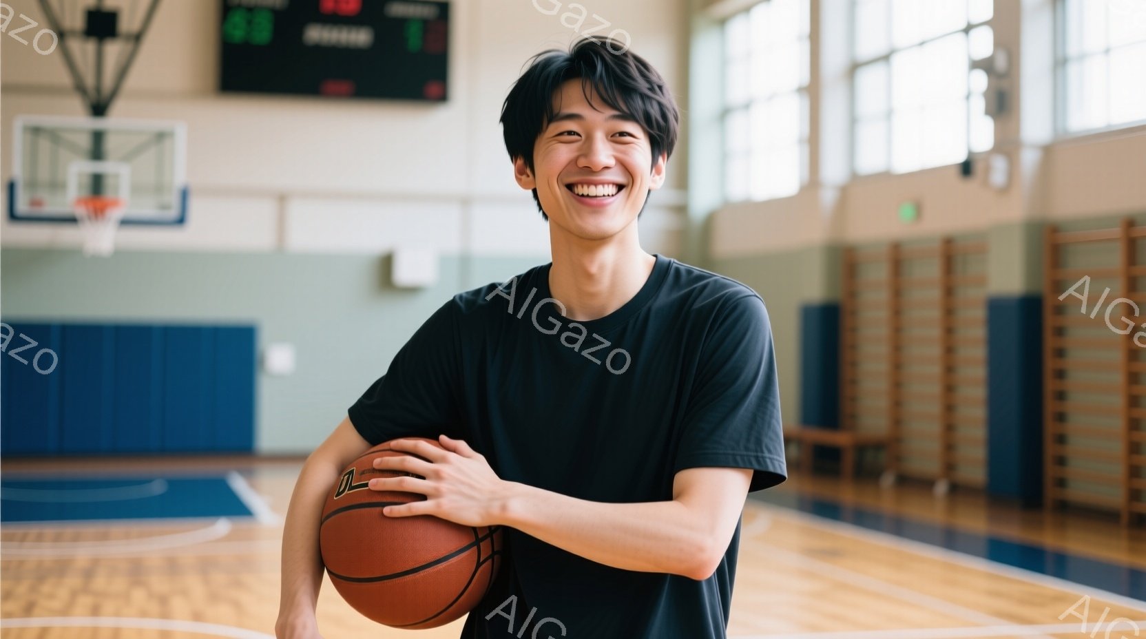 若い男性がバスケットボールを抱え、満面の笑みを浮かべている。彼は黒いTシャツを着ており、短く整えられた黒髪が特徴的だ。背景は体育館で、バスケットゴールと青い壁、そして木製のベンチが見える。 - AI生成フリー素材
