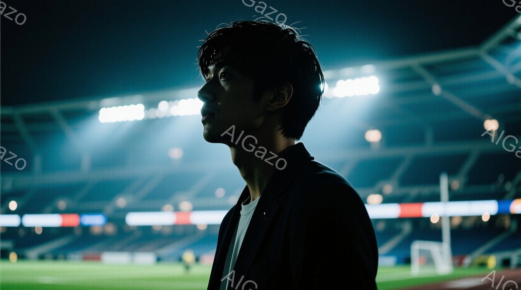 夜のサッカー競技場に立つ男性を捉えている。彼は白いシャツに黒いジャケットを羽織り、短くスタイリングされた黒髪をしている。男性は横顔で、何かを考えているかのような思慮深い表情をしている。