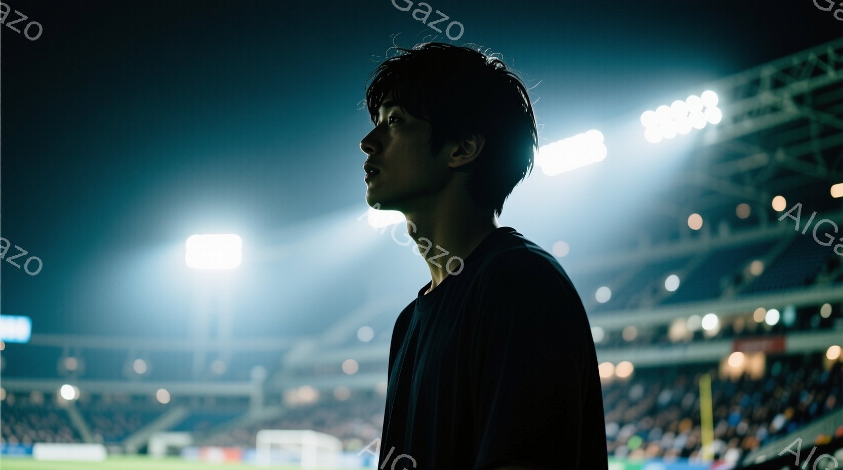 この写真は、競技場の観客席で横を向いている若い男性を捉えています。彼は黒いTシャツを着ており、ダークブラウンの短髪で、やや憂いを帯びた表情をしています。背景にはぼやけた観客席と、競技場のライトが照らし出す緑のフィールドが見え、全体的に静かで内省的な雰囲気を醸し出しています。