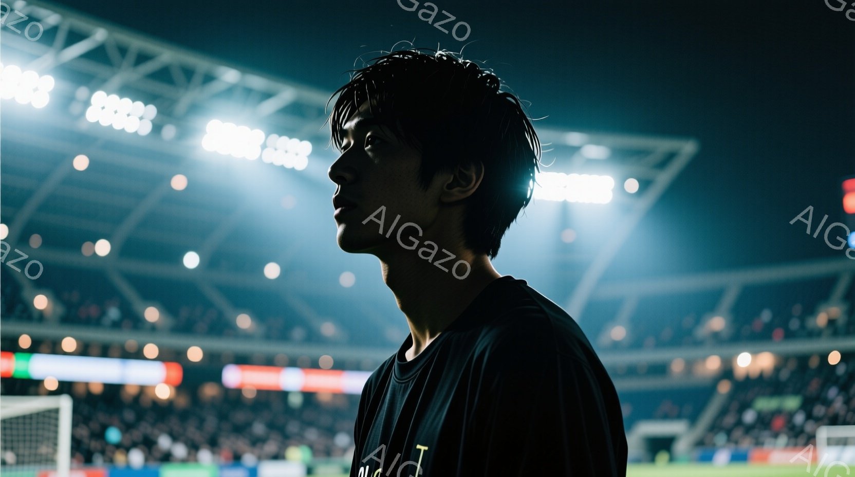 短髪で、黒いTシャツを着た男性が、横顔でこちらを見ています。彼はサッカー場のような場所で、少し憂いを帯びた表情を浮かべており、背景には観客席と照明がぼやけて見えます。全体的に、夜の競技場の静かで少し寂 - AI生成フリー素材