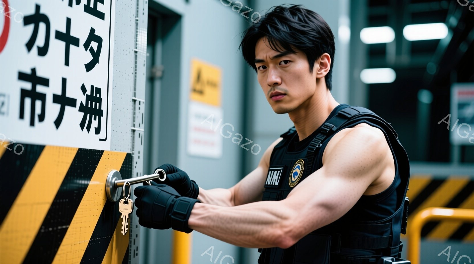 鍛え上げられた肉体を持つ男性が、黒のタクティカルベストと手袋を身につけ、ドアノブに鍵を挿入しようとしています。彼の髪は短く整えられ、表情は真剣で集中しています。背景には、黄色と黒の警告標識と、薄暗い廊下の様子が見え、緊迫感のある雰囲気が漂っています。
