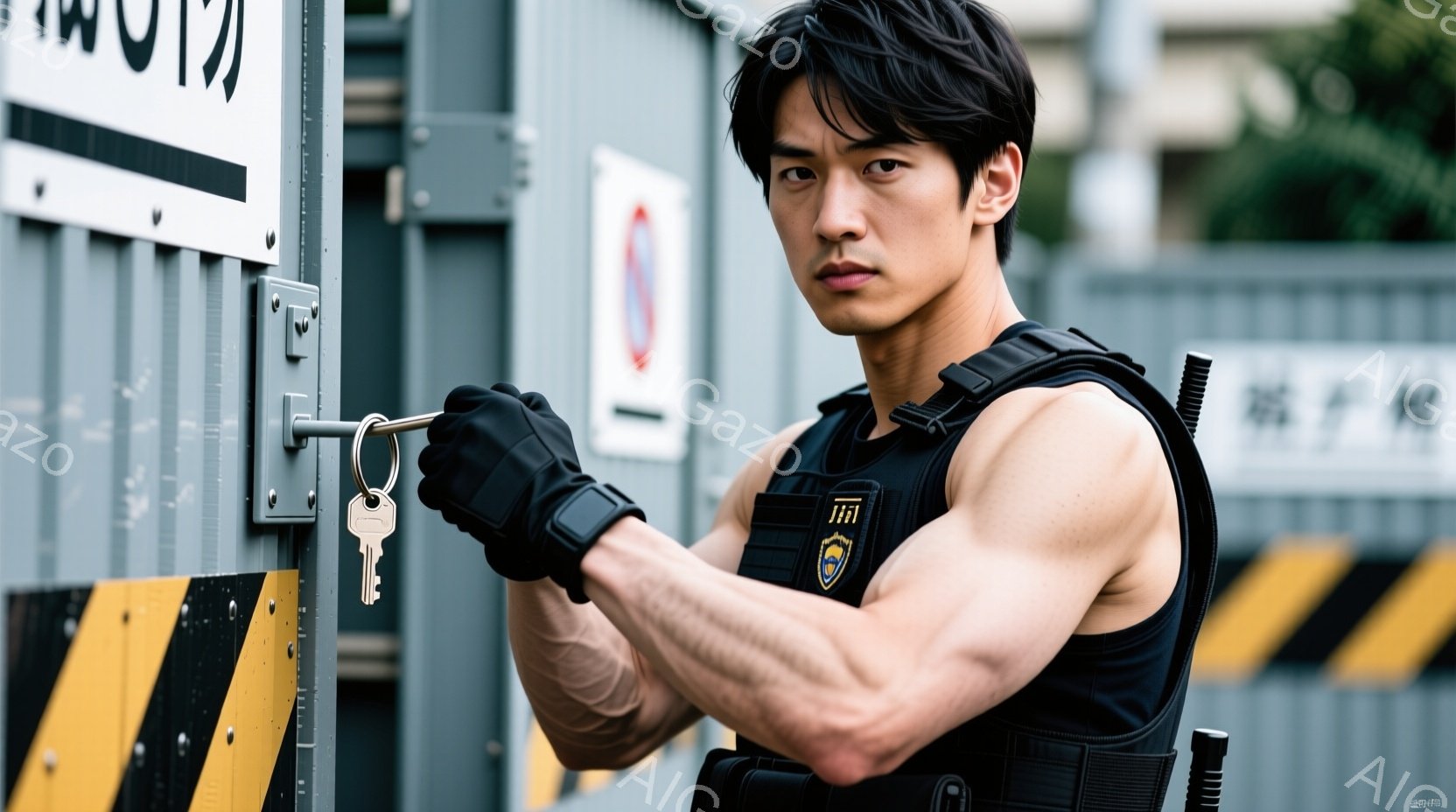 この男性は、黒いベストとタンクトップを着て、鍵穴に鍵を挿入しようとしている。短く整えられた黒髪と、真剣な表情が印象的で、険しい顔つきから、緊迫した状況にあることが伺える。背景には黄色と黒の縞模様のコンテナが写っており、全体的にシリアスで緊張感のある雰囲気が漂っている。