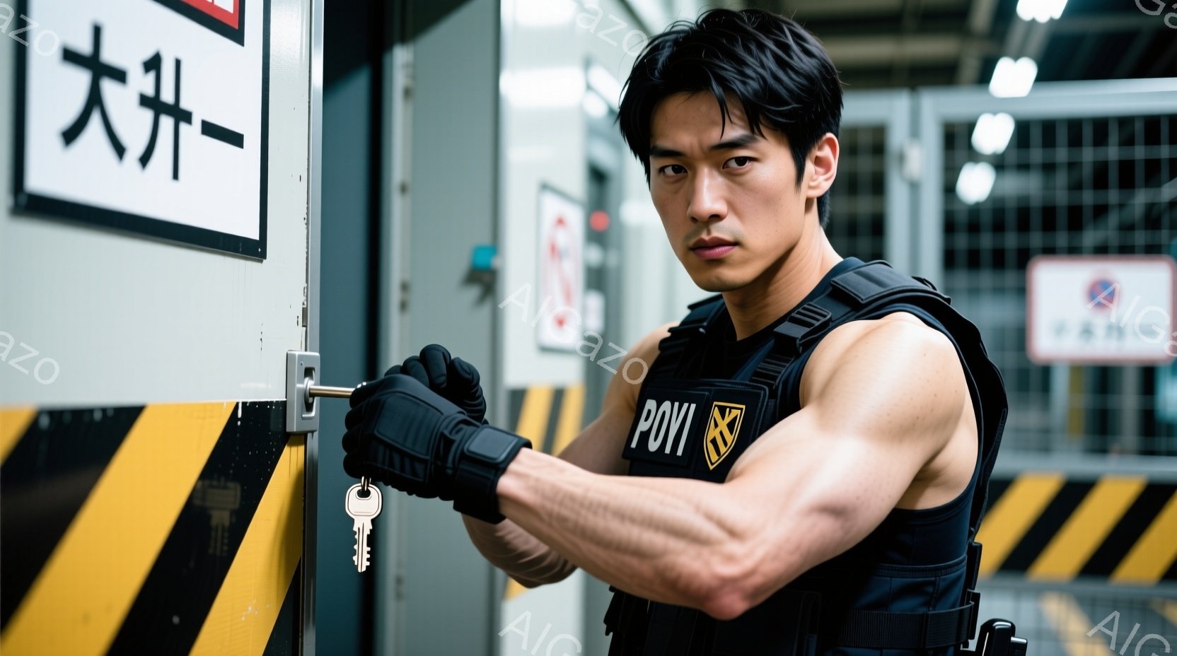 黒いベストを着用し、左手に手袋をはめた男性が映っている。彼は鍵を使ってドアを開けようとしており、真剣な表情で前を見据えている。背景には、黄色と黒の縞模様の壁と、いくつかの標識や配管が見え、工業的な雰囲気の場所である。