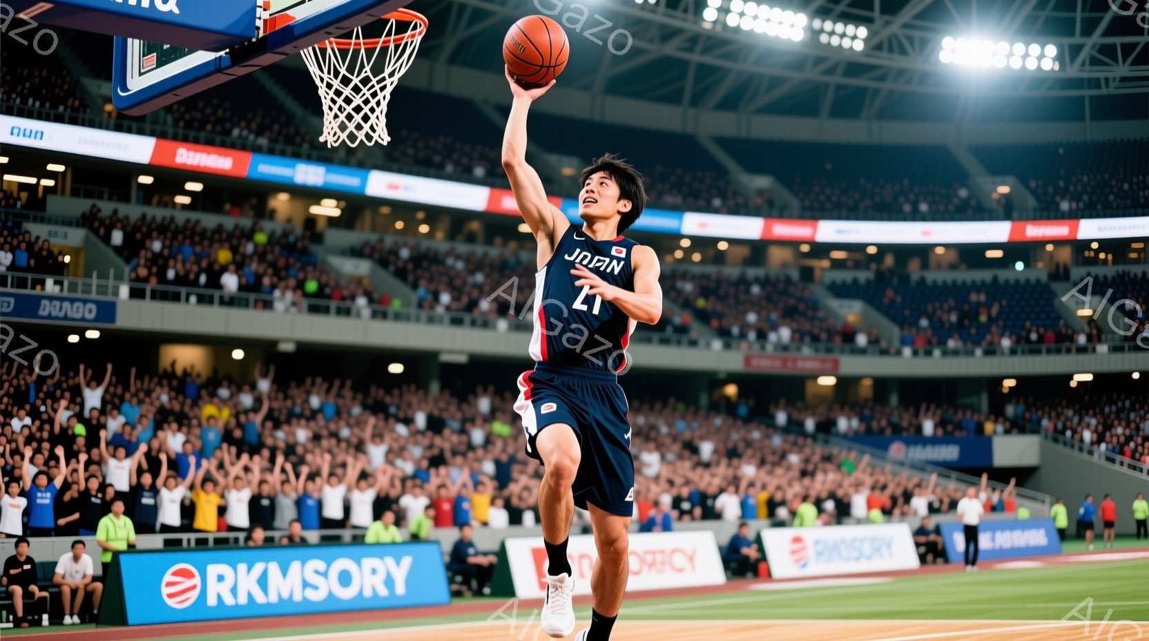 バスケットボール選手がダンクシュートを決める瞬間を捉えた写真です。彼は赤、白、青のユニフォームを着て、ジャンプしてリングに向かっています。背景には観客席が広がり、多くの人々が彼を見守っています。 - AI生成フリー素材