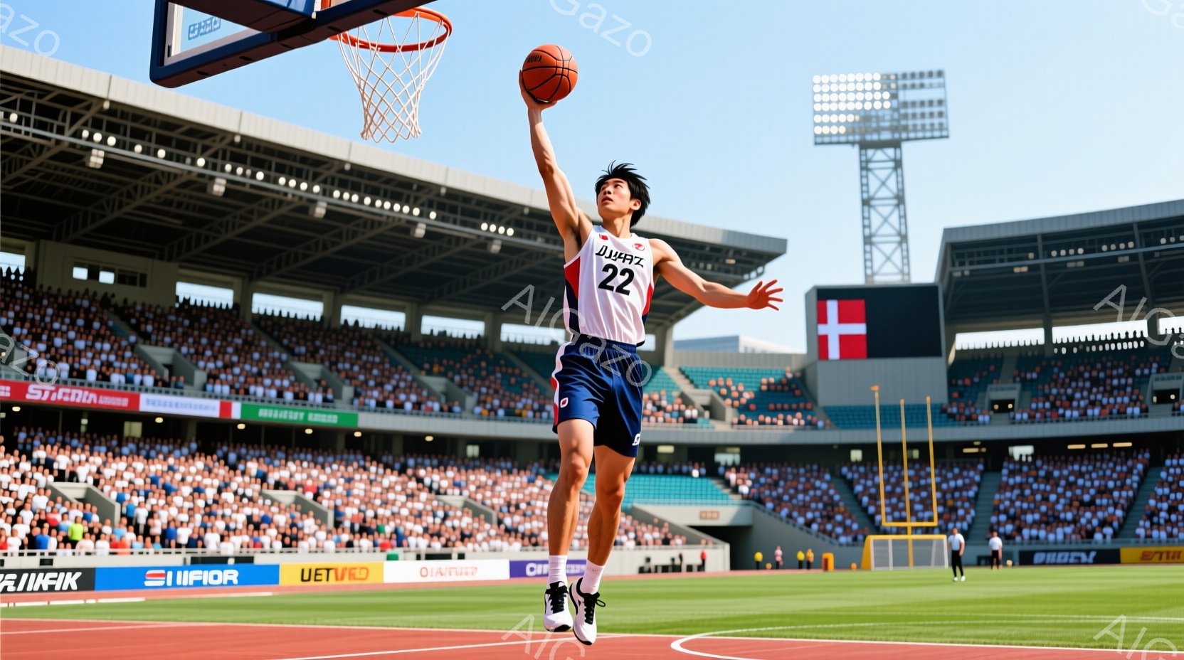 競技場でバスケットボールをしている若い男性が写っています。彼は白と赤のユニフォームに黒い短パンを着用し、髪は短く整えられています。背景には観客席が広がり、晴天の下、活気のある競技場の雰囲気が伝わってき - AI生成フリー素材