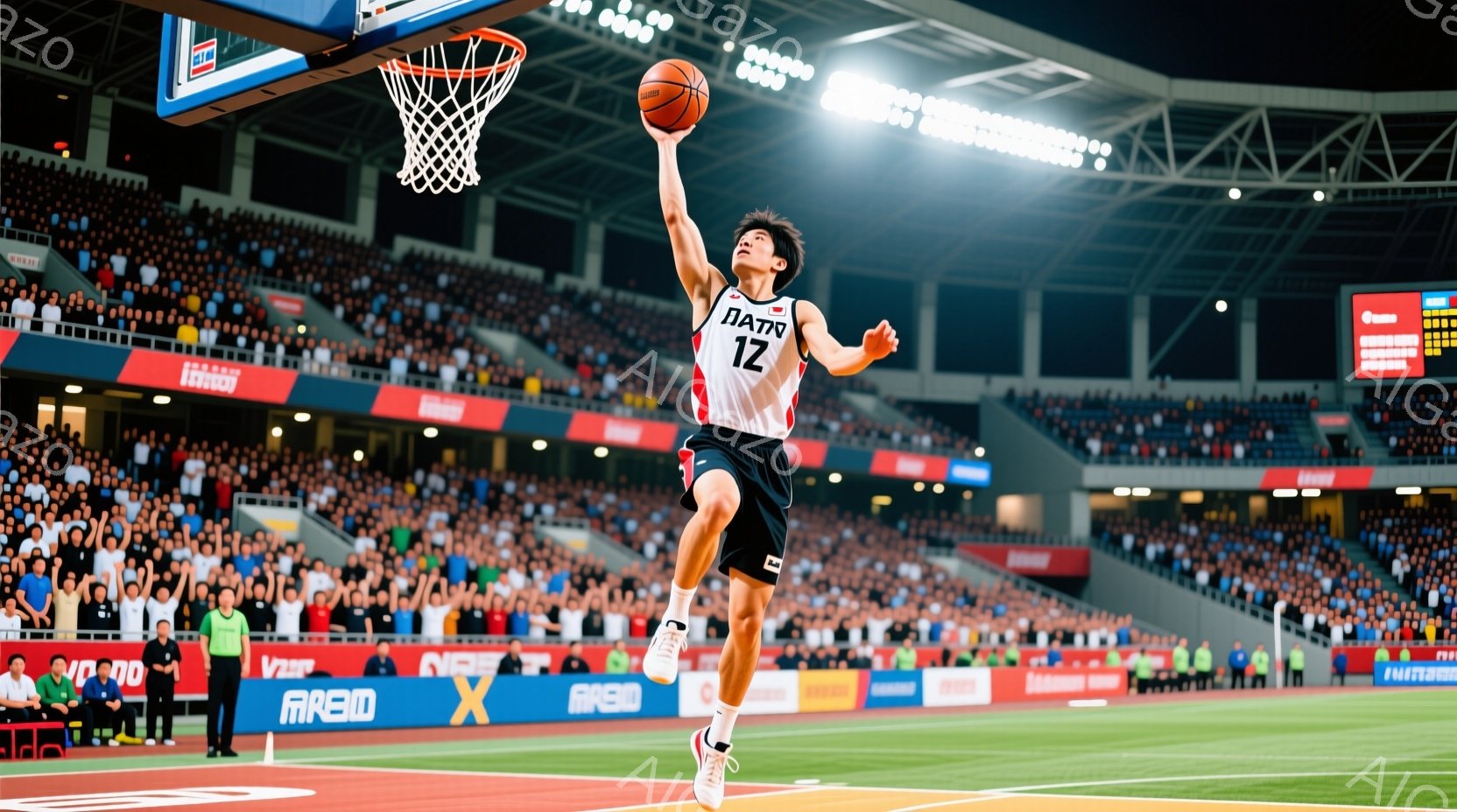 バスケ選手がジャンプシュートを放つ瞬間を捉えた写真です。黒いユニフォームに「NATO」と書かれ、背番号は12番、髪は短く、集中した表情でシュートに臨んでいます。背景には観客席が広がり、活気のあるバスケットボールの試合の雰囲気を感じさせます。