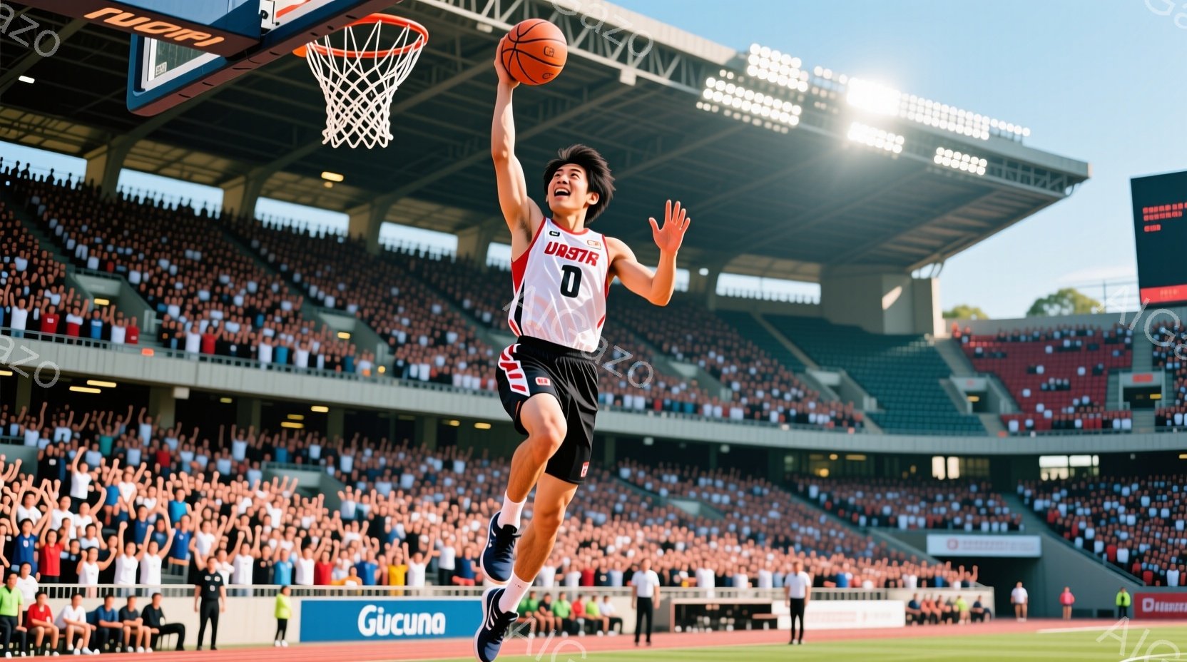 バスケットボール選手が、満員の観客席を背景に、ゴールに向かってジャンプシュートを放とうとしている瞬間を捉えた写真です。彼は赤と黒のユニフォーム、短髪、そして集中した表情で、空中にてボールを高く掲げてい - AI生成フリー素材