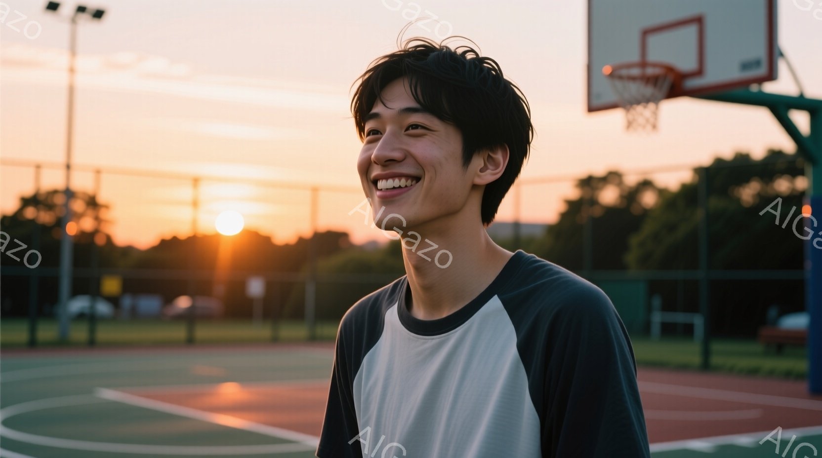 若い男性がバスケットボールコートで微笑んでいる。彼は白と濃い青色の切り替えデザインのTシャツを着ており、黒髪で、少し横に流したヘアスタイルをしている。背景は夕焼け空で、オレンジとピンクの色合いがコート - AI生成フリー素材