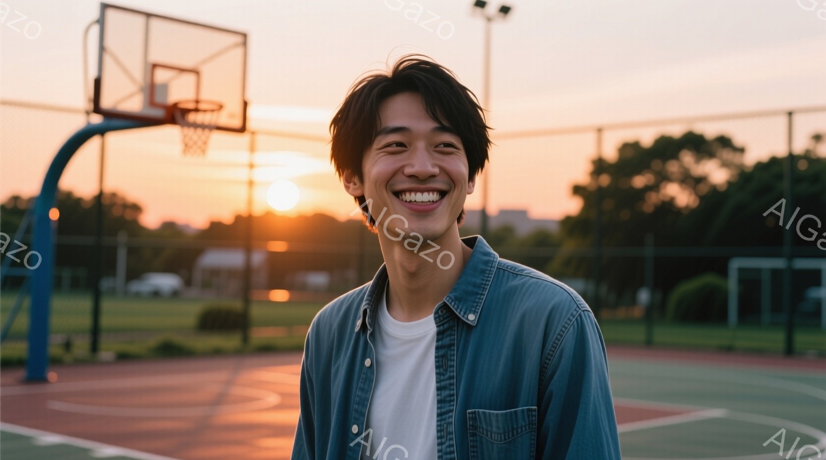 若い男性が、屋外のバスケットボールコートで笑顔で立っている。彼は白いTシャツの上に、水色のシャツを着ており、髪型は少し長めで無造作に整えられている。背景には、夕焼け空とコートのライン、遠くの建物が見え、暖かく明るい雰囲気が漂っている。
