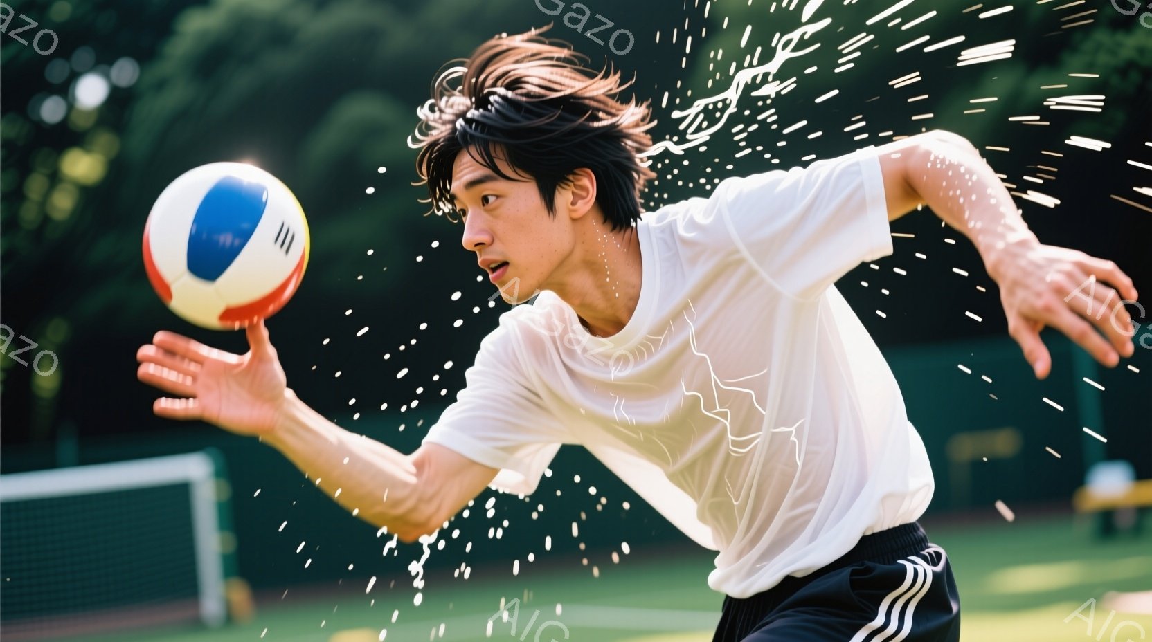 若い男性が、青と赤のボールを片手でキャッチしようとしている躍動的な瞬間が捉えられています。彼は白いTシャツと黒いショートパンツを着用し、髪は無造作に乱れています。背景にはサッカーゴールが見え、周囲には緑豊かな木々が生い茂り、水しぶきが舞っていることから、屋外で運動している最中であることがわかります。