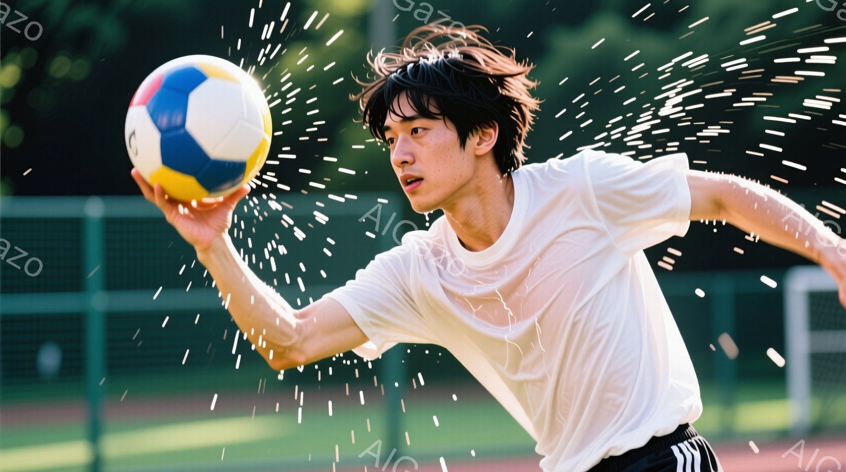 白いTシャツと黒い短パンを着た若い男性が、躍動感のあるポーズでバスケットボールを高く掲げている。彼の髪は無造作に伸び、顔には集中と力強さが表れている。背景は緑豊かな自然と赤いコートで、白い光の粒子が彼 - AI生成フリー素材