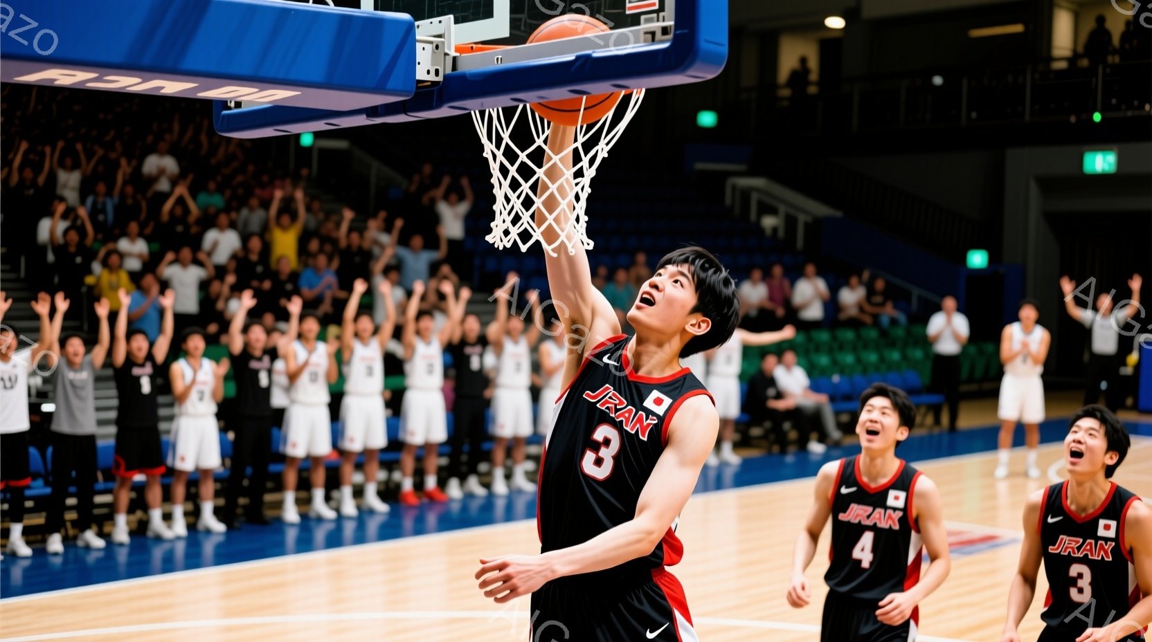 バスケの試合中に、日本代表の選手がリングに向かってシュートを放つ瞬間を捉えた写真です。黒と赤のユニフォームを着て、背番号3の選手は、ジャンプしてゴールにボールを叩き込もうとしています。背景には、歓声を上げるチームメイトや観客席が見え、熱狂的な雰囲気を感じさせます。