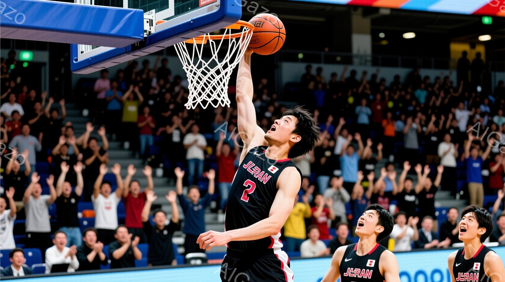黒いユニフォームに「JAPAN」と背番号2が書かれたバスケットボール選手が、ゴールに向かってジャンプシュートを試みています。彼は髪を短く切り、集中した表情でシュートに臨んでおり、背景には観客席が広がり、興奮した観客が手を挙げて応援しています。競技場の照明が明るく、活気あるスポーツの雰囲気が伝わってきます。