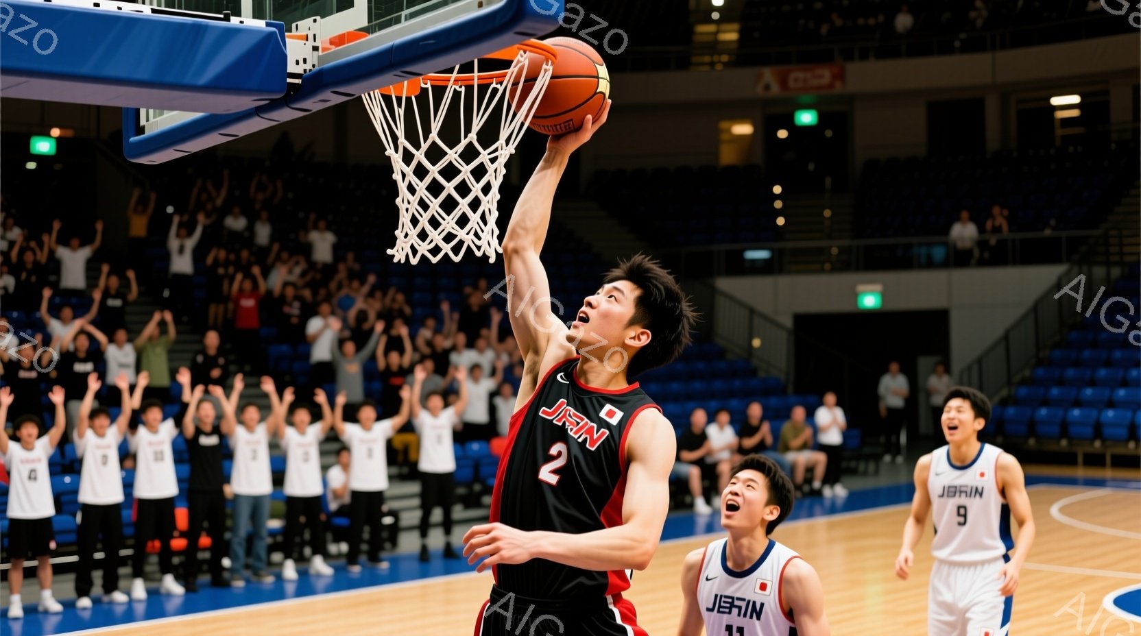 バスケの試合中の様子で、日本代表のユニフォームを着た選手が、リングに向かってジャンプシュートを放とうとしている瞬間を捉えている。選手は黒いユニフォームに「JAPAN」と書かれた白い文字が特徴的で、髪は短く、集中した表情でゴールを見据えている。背景には観客席が広がり、他の選手たちが応援している様子がうかがえ、熱気あふれる試合の雰囲気が伝わってくる。