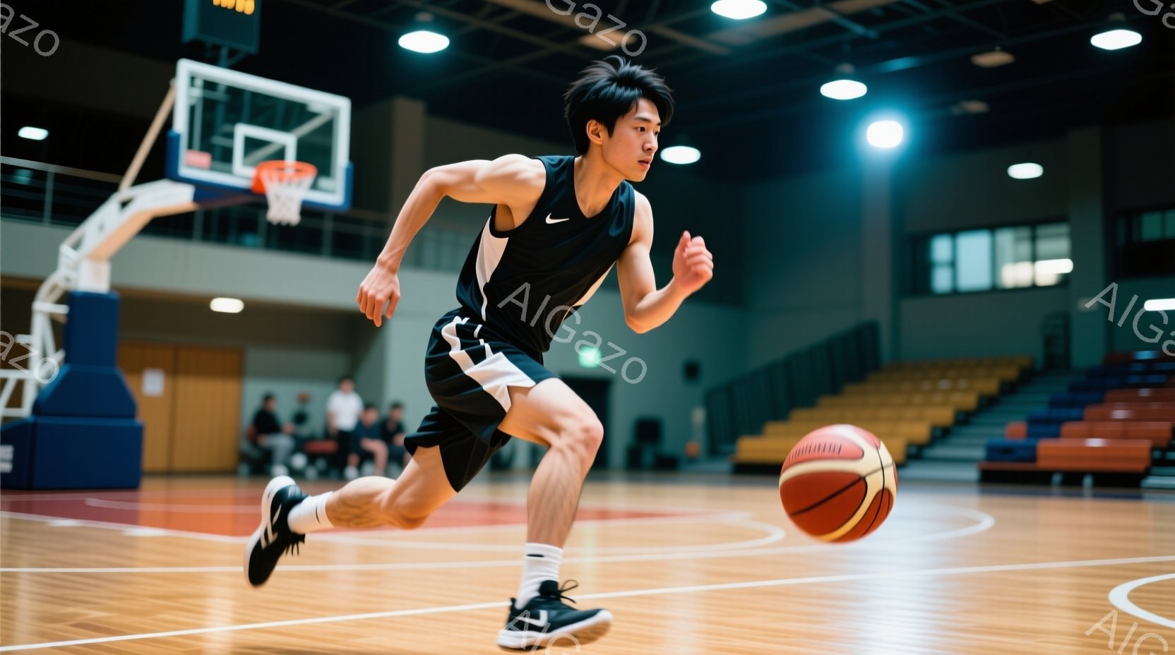 バスケットボールコートでドリブルしている若い男性が写っている。黒のタンクトップと黒と白のショートパンツ、そして白いハイソックスと黒いバスケットボールシューズを着用しており、髪は短く整えられている。コートは木製で、背景には観客席とバスケットゴールが見え、全体的に活気があり運動的な雰囲気が漂っている。