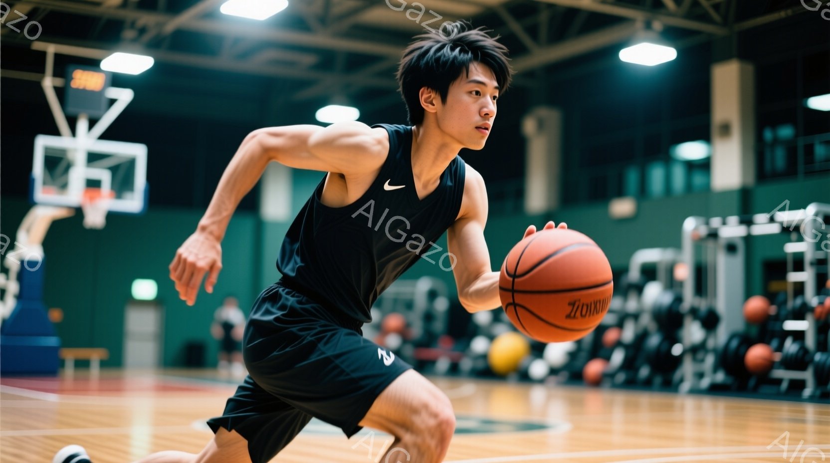 黒いバスケットボールウェアと短パンを身につけた若い男性が、ドリブルをしながらコートを走っている。彼の髪は短く、表情は集中しており、競技への真剣さが伺える。背景にはバスケットボールゴールや他のプレイヤーが見え、体育館の活気ある雰囲気が伝わってくる。
