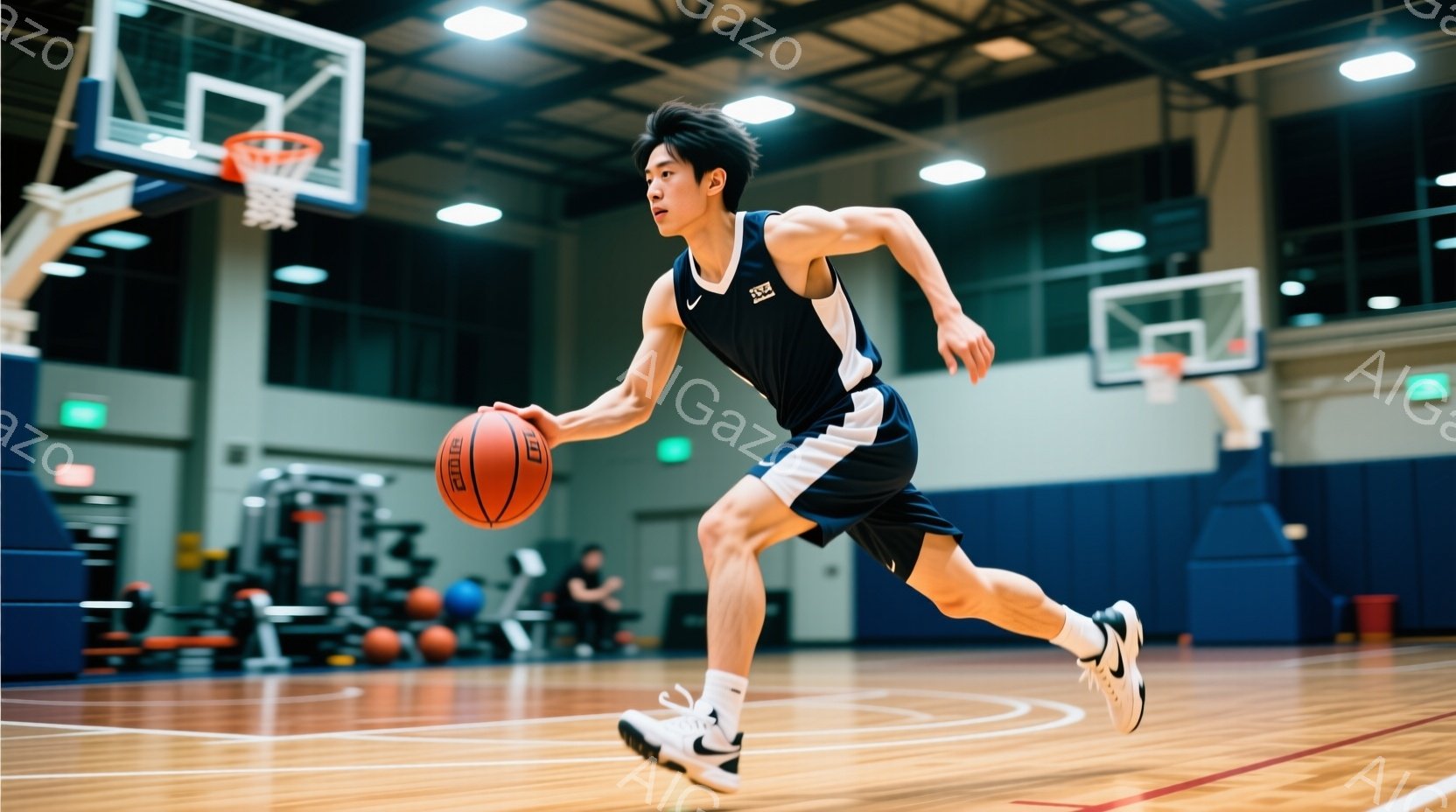 バスケコートでドリブルしている若い男性が写っている。紺色のタンクトップとハーフパンツ、白いソックスとバスケットボールシューズを着用し、短く整髪された黒髪が特徴的だ。コートの背景には、他のバスケットボー - AI生成フリー素材