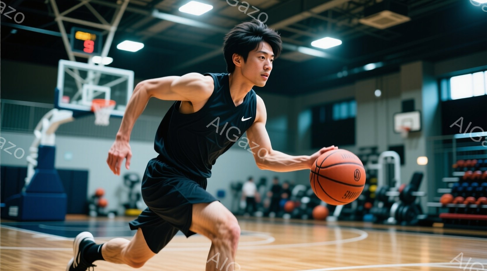 黒いバスケットボールウェアを着た男性が、ドリブルをしながら競技場を疾走している。彼は短髪で、集中した表情でボールを見つめている。背景には他の選手やバスケットゴールが見え、体育館の活気ある雰囲気が伝わっ - AI生成フリー素材
