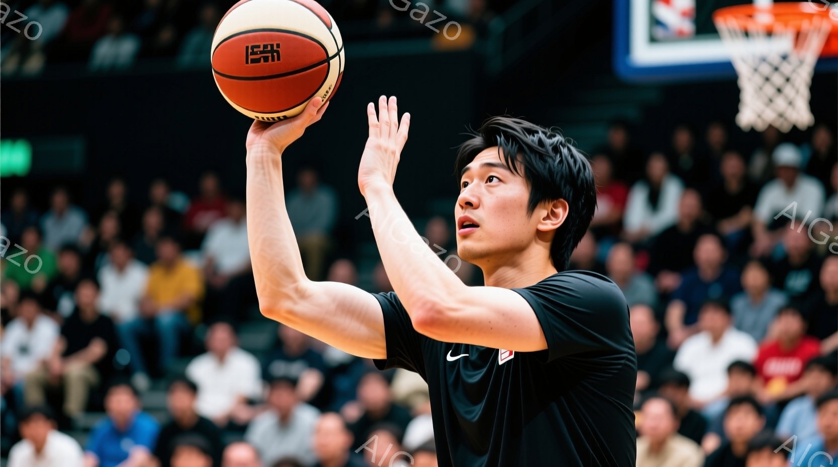 バスケットボールコートでシュートを打つ男性の姿を捉えています。黒いTシャツを着ており、髪は短く整えられています。彼の表情は真剣で、ボールを高く掲げて、シュートモーションに入っています。 - AI生成フリー素材