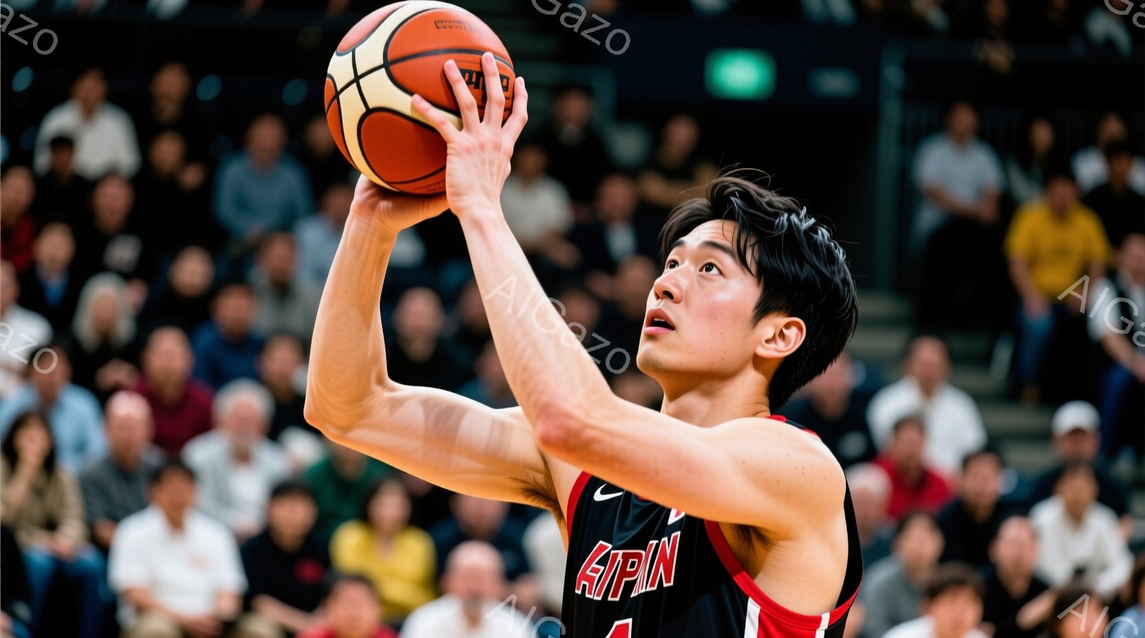 バスケットボール選手がジャンプシュートを打とうとしている瞬間を捉えた写真です。彼は赤いタンクトップと黒いショーツを着用し、黒髪を短く整えています。背景には観客席がぼやけて写っており、試合の熱気が感じられます。