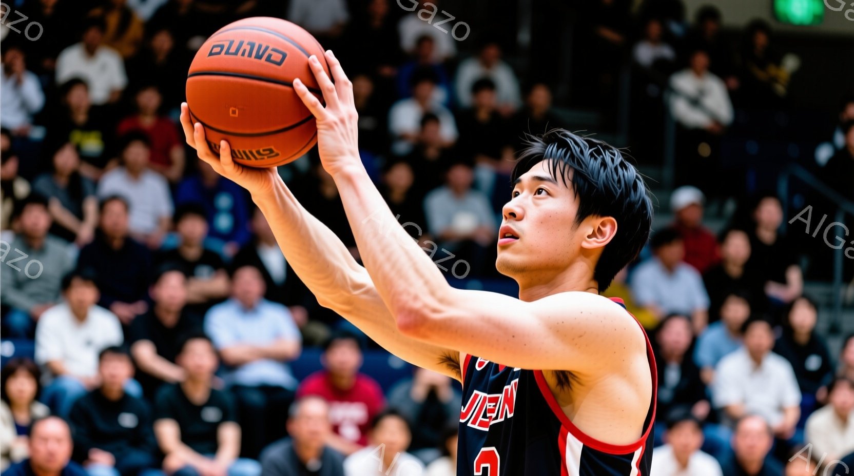 バスケットボール選手がシュートを打とうとしている瞬間を捉えています。選手は赤いユニフォームと黒いショーツを着用し、短髪で、集中した表情をしています。背景には観客席が広がり、活気のある試合の雰囲気が伝わ - AI生成フリー素材