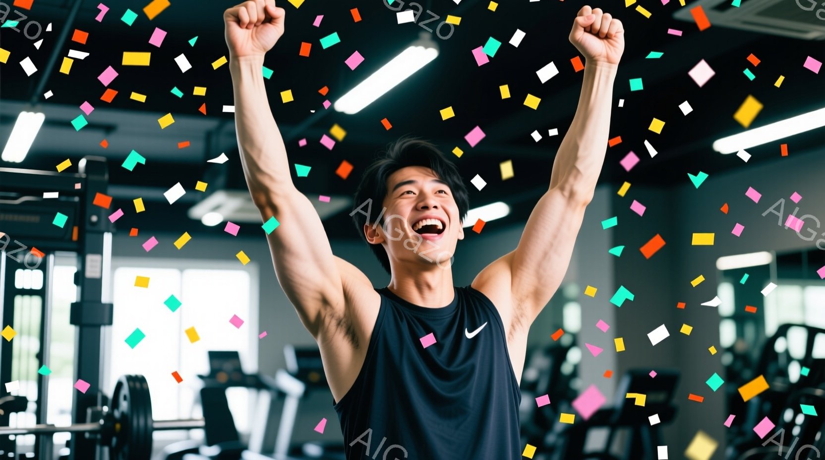 筋トレジムで、黒のタンクトップを着た男性が両手を高く上げて勝利を祝っている。彼は笑顔で、筋肉質な体つきをしており、興奮と達成感に満ち溢れているように見える。背景には他のトレーニング器具がぼやけて写って - AI生成フリー素材
