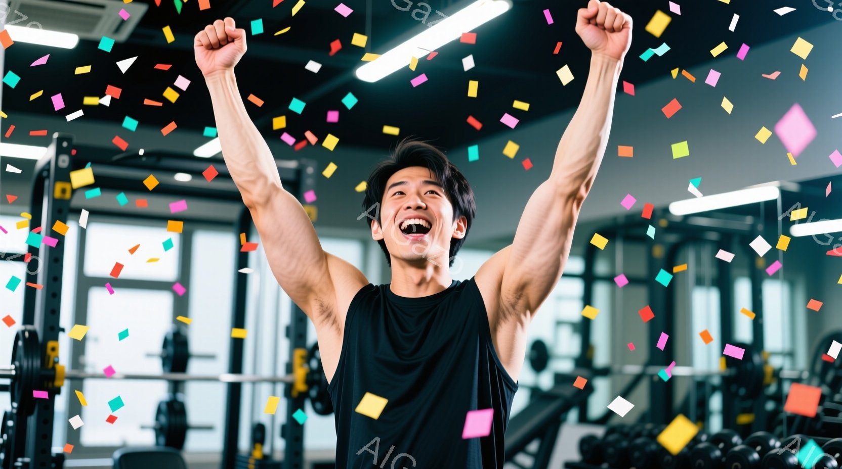 黒のタンクトップを着た男性が、両手を高く上げて歓喜しています。彼は短髪で、笑顔が印象的です。背景にはジムのトレーニング器具が並び、カラフルな紙吹雪が舞い散る様子から、達成感や喜びが伝わってきます。 - AI生成フリー素材