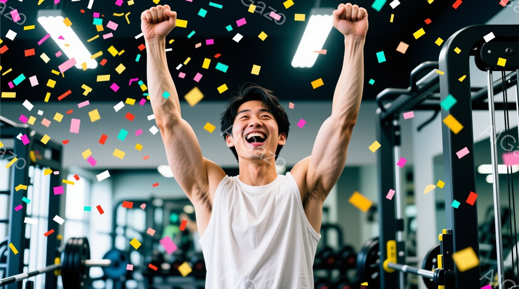 筋トレジムで、白いタンクトップを着た若い男性が両腕を高く上げて歓喜しています。彼は笑顔で、髪は短く、引き締まった体格です。背景には、様々なトレーニング器具が並び、カラフルな紙吹雪が舞い、勝利や達成感を - AI生成フリー素材