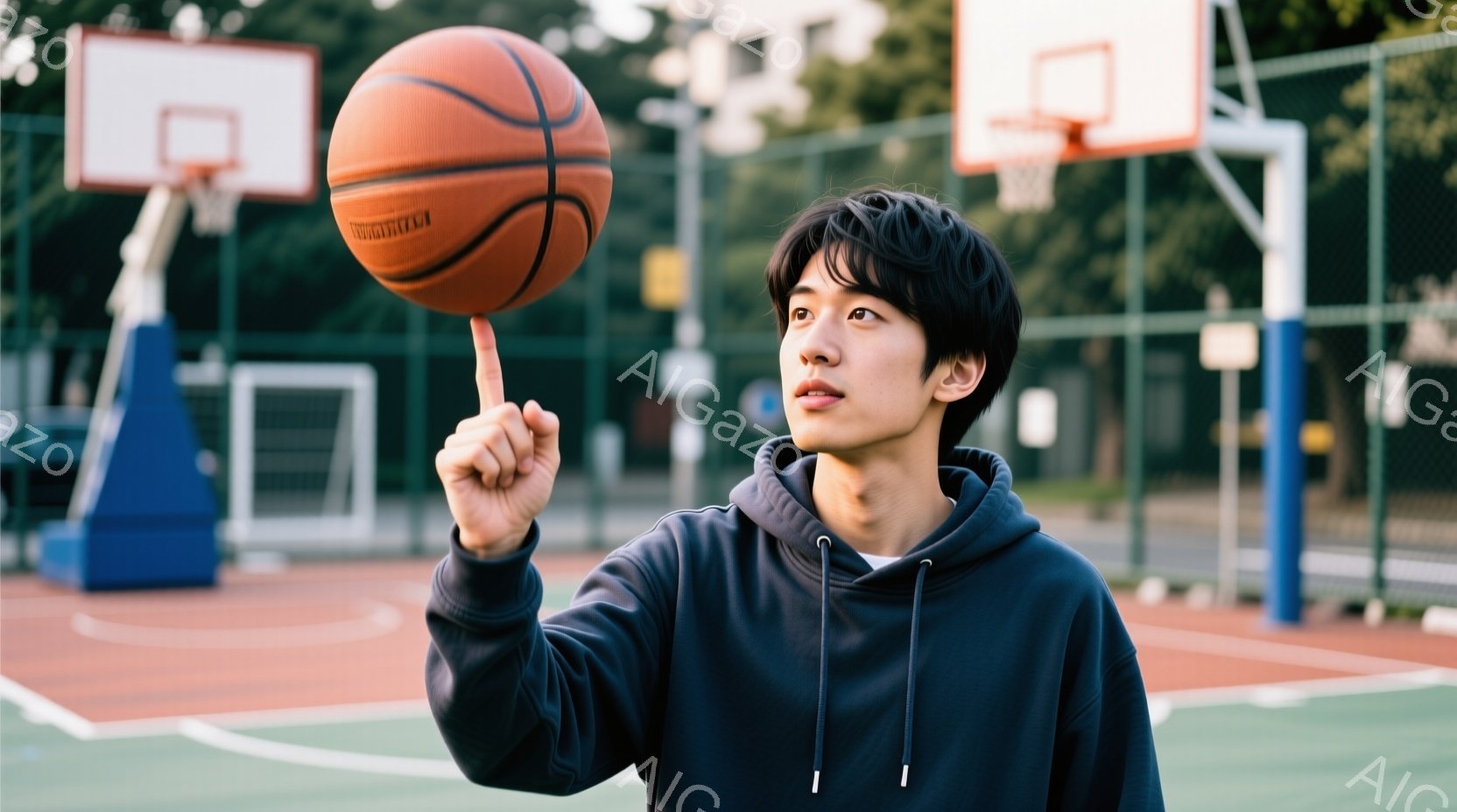 若い男性がバスケットボールを指で支えながら、少し上を見ている。彼は黒いパーカーを着ており、黒髪は少し無造作にセットされている。背景にはバスケットゴールと緑豊かな木々が見え、晴れた日の屋外コートの様子が伺える。