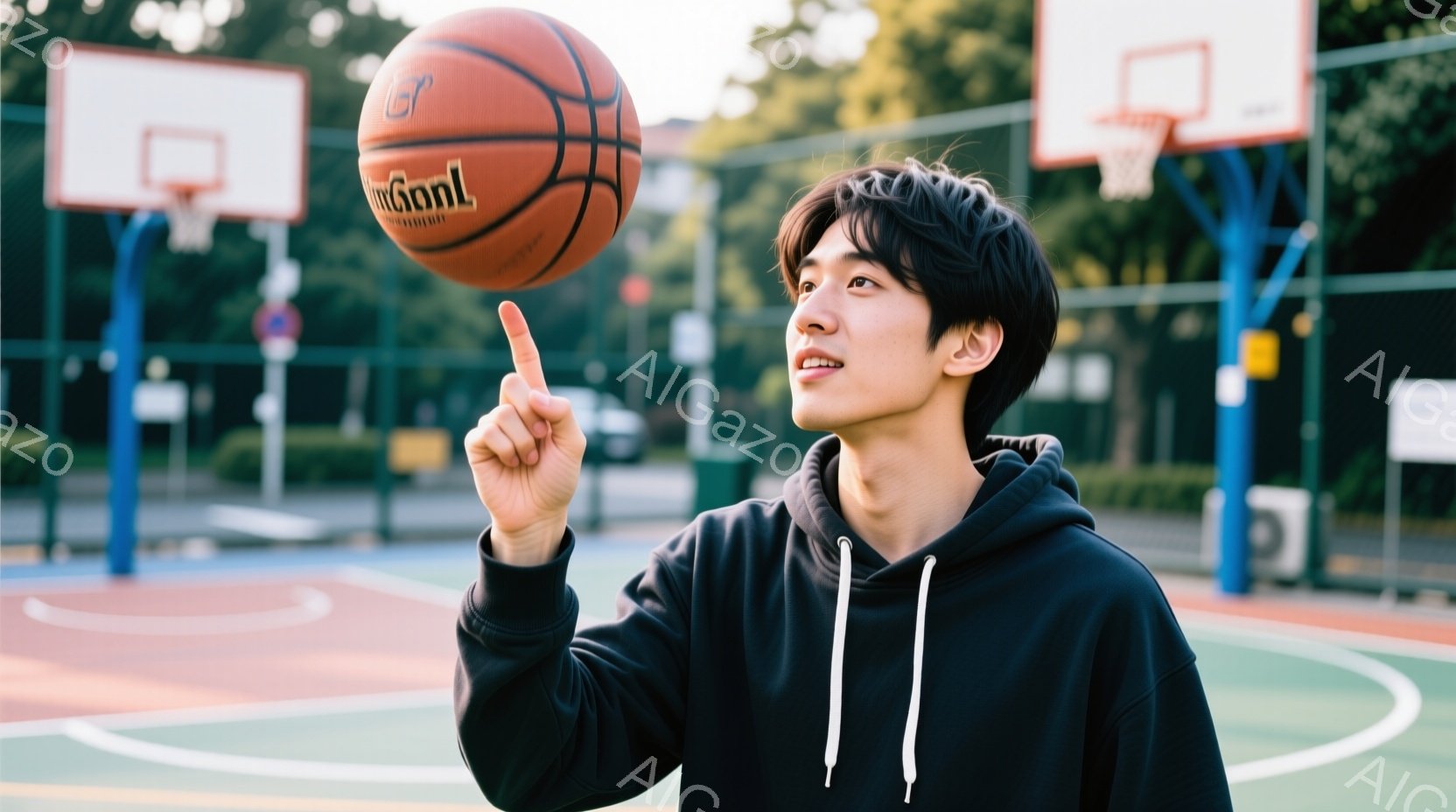 若い男性がバスケットボールコートでドリブルしている途中のボールを指で示している。彼は黒いパーカーを着ており、黒髪で前髪を下ろしたスタイルをしている。背景にはバスケットボールのゴールと緑豊かな木々が見え - AI生成フリー素材